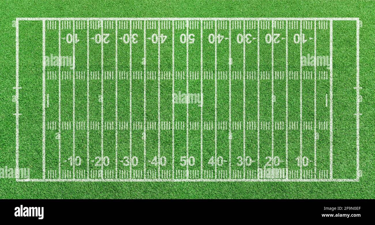 American football field, stripe grass with white pattern lines. Top view Stock Photo