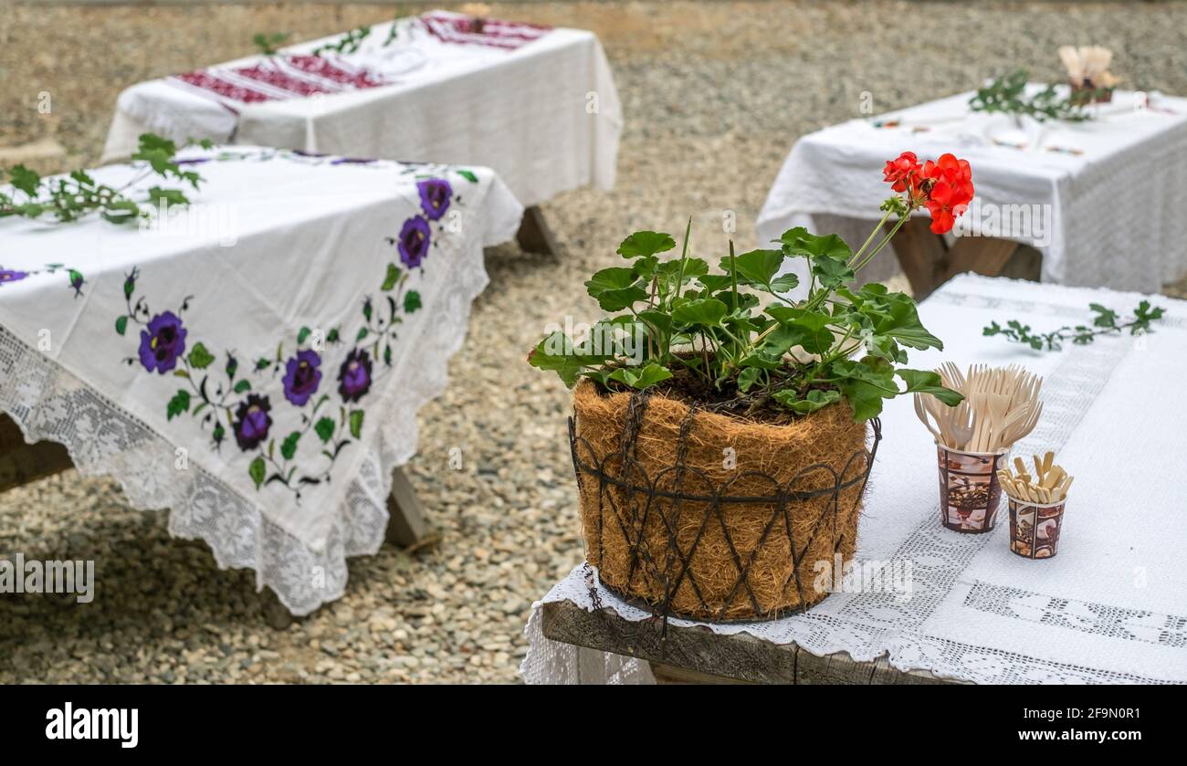 Romanian traditional empty table with towels Stock Photo