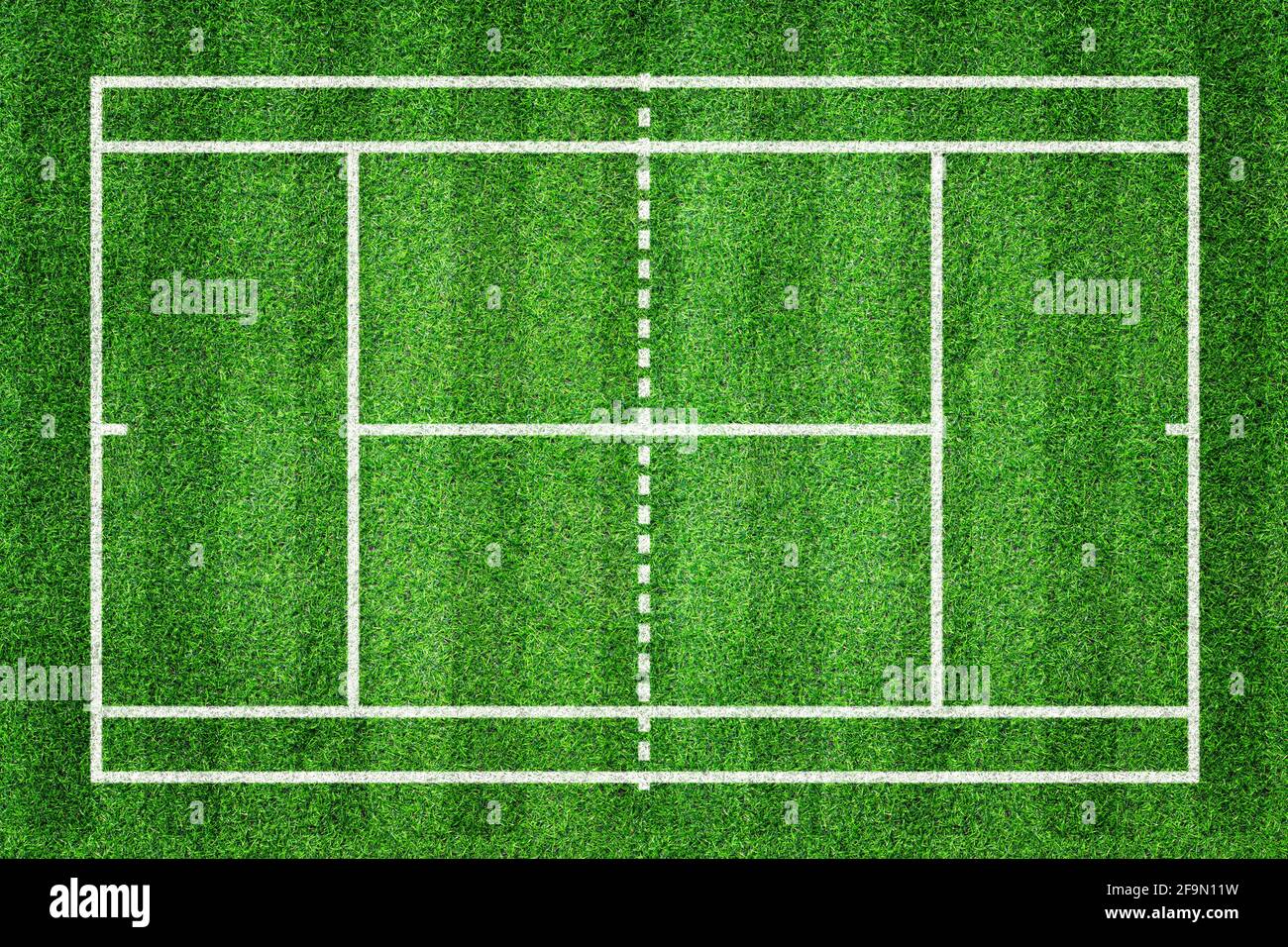 Grass tennis court field with white line pattern. Baseline for sport game background. Top view. Stock Photo