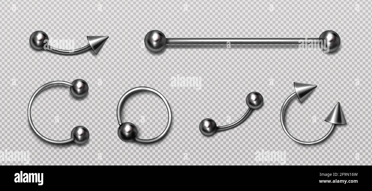 Set of piercing jewelry, metal pierce rings, barbell with balls and cones for face and body decoration. Beauty accessories, earrings isolated on transparent background, Realistic 3d vector icons Stock Vector