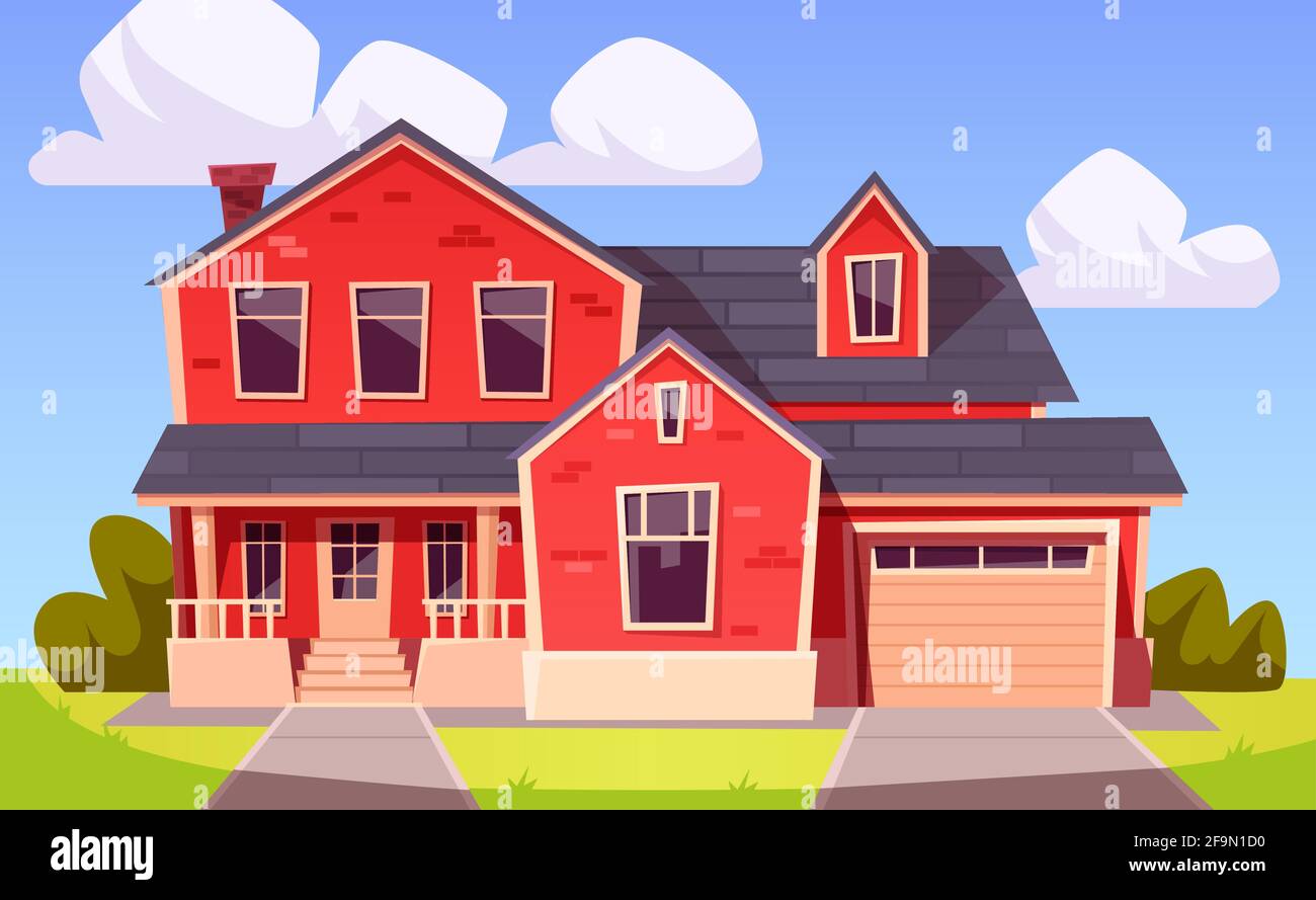 Suburban house, residential building from red brick with garage. Vector cartoon illustration of village mansion facade. Summer countryside landscape with cottage Stock Vector