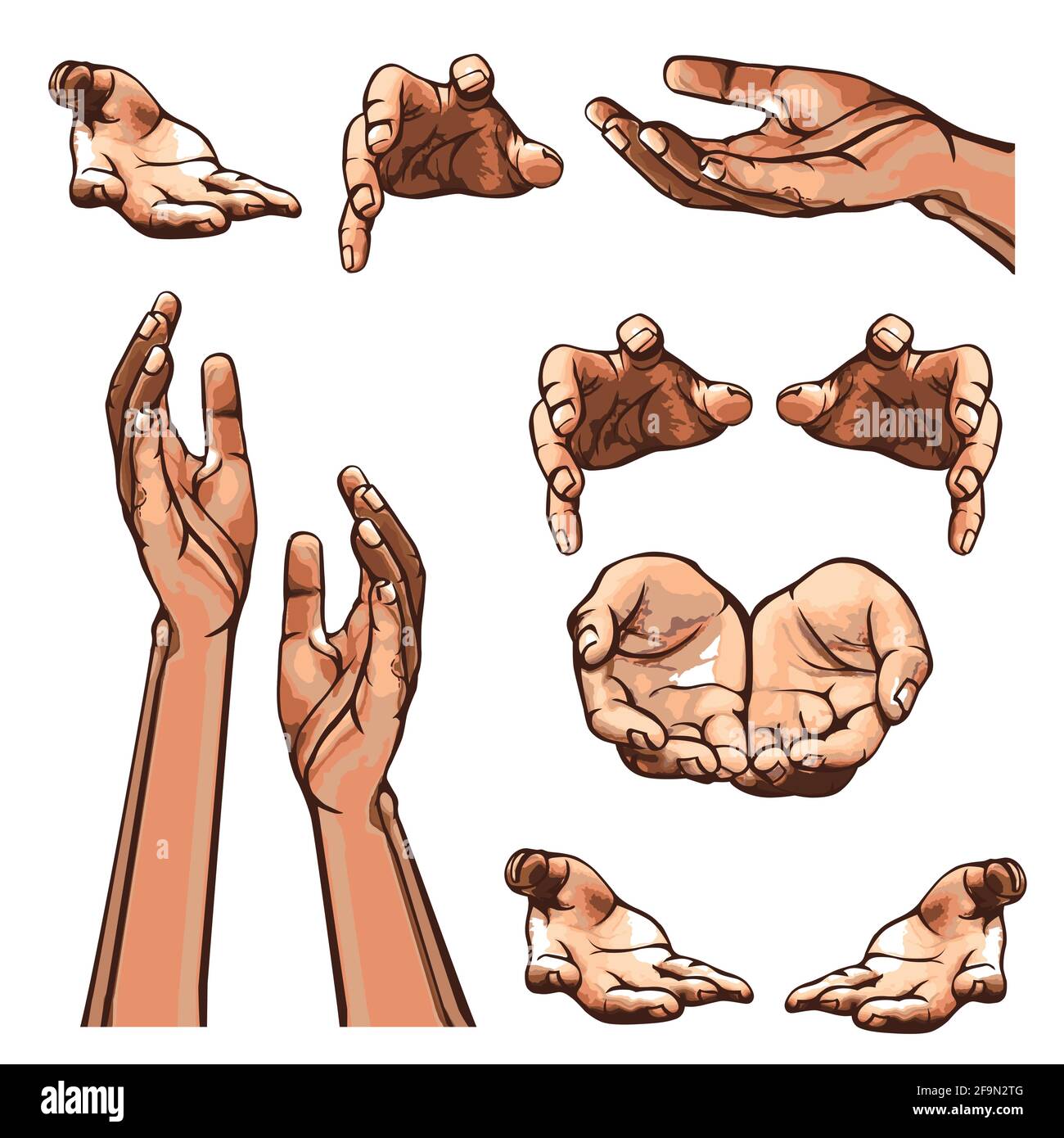 Hands in different interpretations. Vector illustration. Isolated on white background Stock Vector