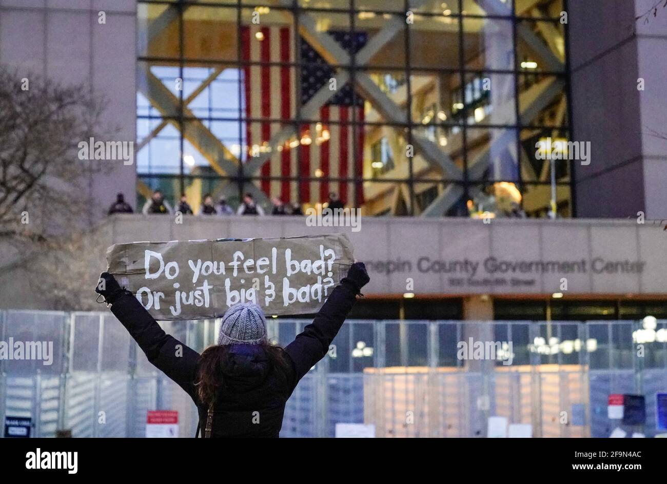 Sheridan Lair of Minneapolis, Minnesota holds up a sign as she protests in front of the site of the Derek Chauvin Murder Trial at the Hennepin County Government Center in Minneapolis, Minnesota on Monday, April 19, 2021. Earlier Protestors marched through downtown Minneapolis as jury deliberations begin in the Derek Chauvin trial in Minneapolis, Minnesota on Monday, April 19, 2021. Former police officer Derek Chauvin is charged with second-degree unintentional murder, third-degree murder and second-degree manslaughter in the death of George Floyd. Photo by Jemal Countess/UPI Stock Photo