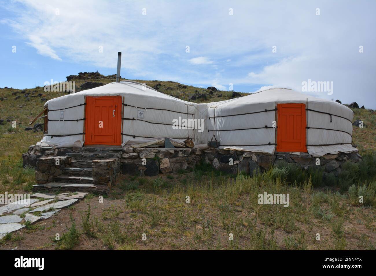 Guest gers at Three Camel Lodge in the Gobi Desert. Rooms feature hand