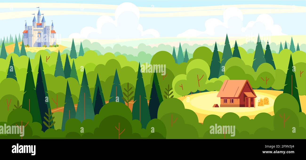 Medieval fairy tale magical landscape panorama with a castle and the house of a fairy tale character in the middle of the forest. Cartoon flat style Stock Vector