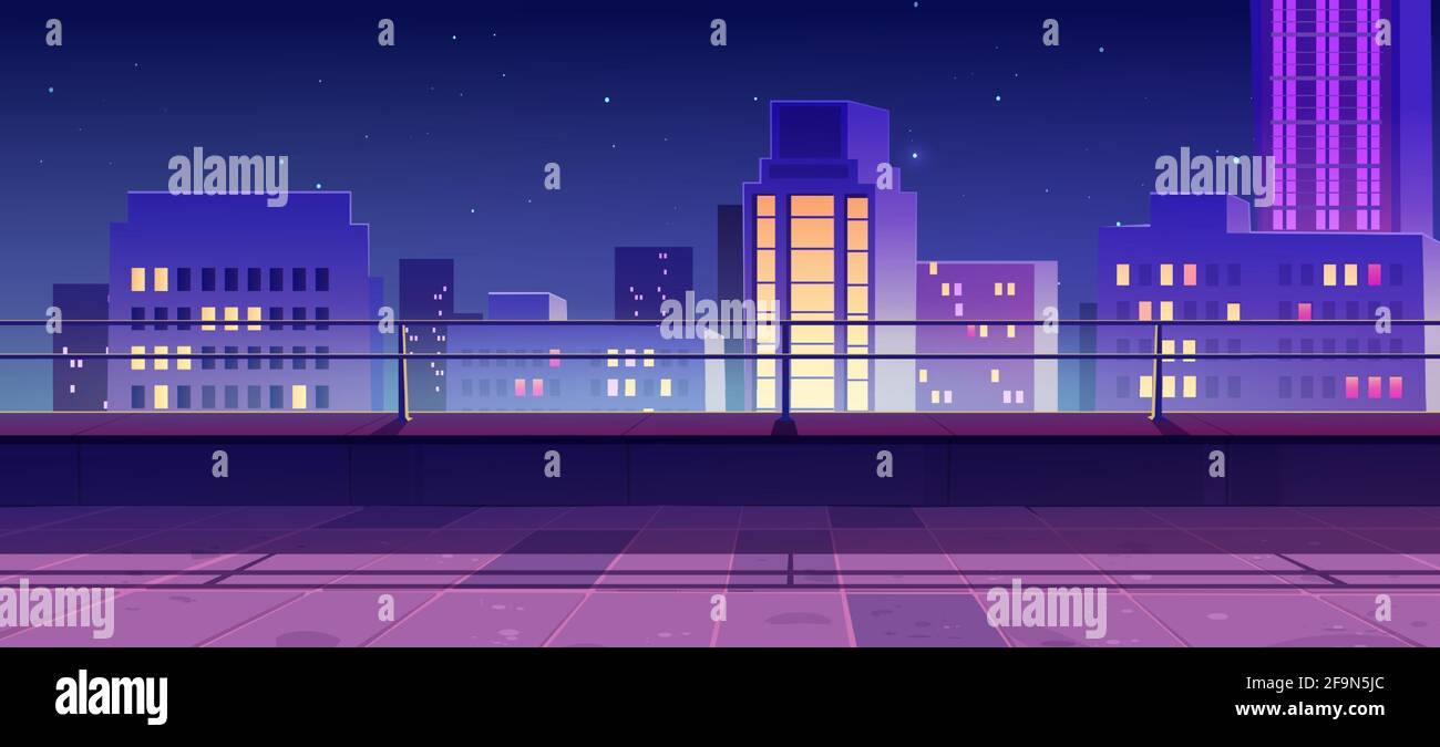 Terrace on rooftop with city view at night. Empty patio on roof or balcony with railing on background of cityscape with modern buildings and skyscrapers. Vector cartoon house terrace in town Stock Vector