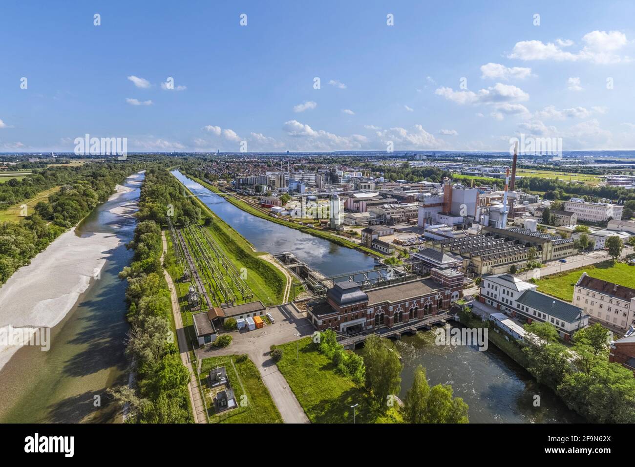Aerial view to the Gersthofen hydroelectric power plant on the Lech Canal Stock Photo