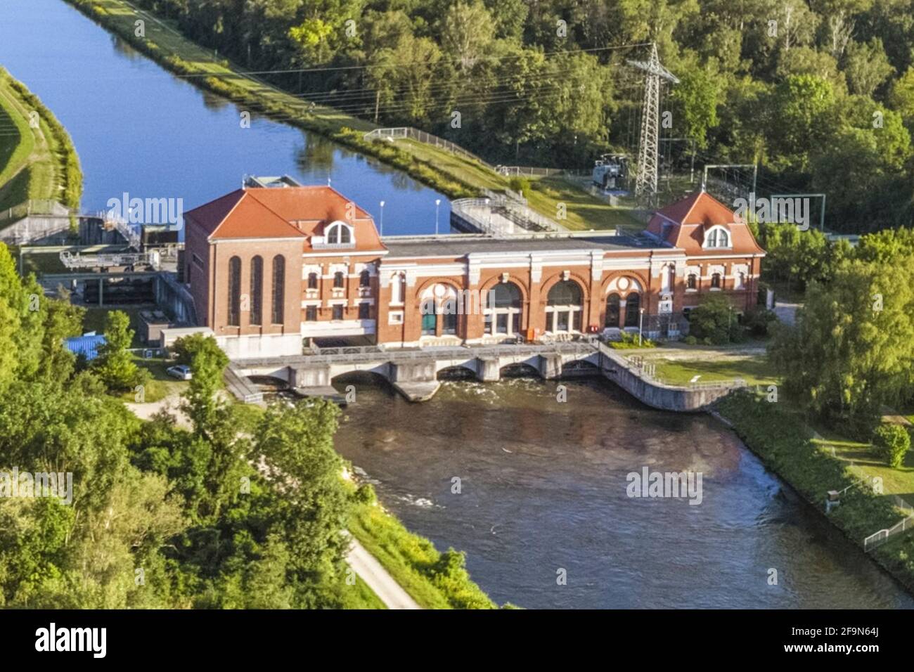 Aerial view to the Langweid hydroelectric power plant on the Lech Canal Stock Photo