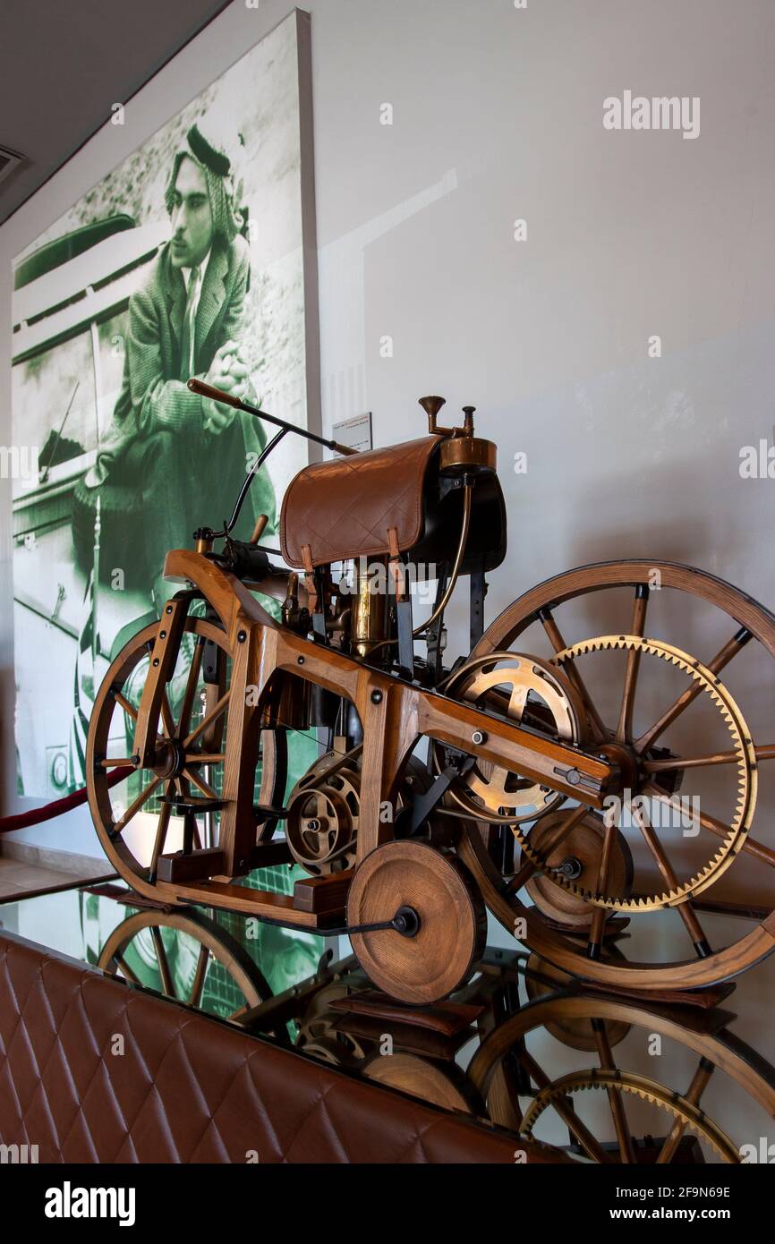 A 1885 Reitwagen Daimler replica widely recognized as the first motorcycle displayed at the Royal automobile museum in Al Hussein National Park. Amman Jordan Stock Photo