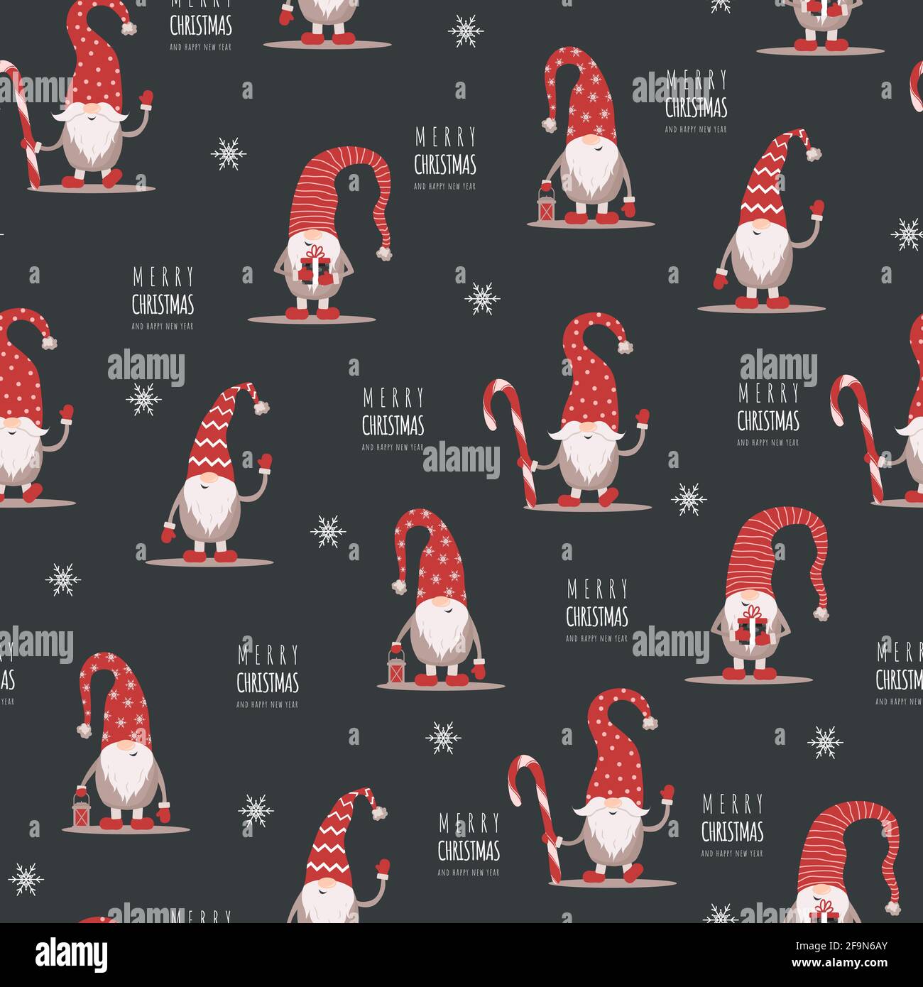 Christmas pattern with gnomes in red hats. Cute scandinavian elves ...