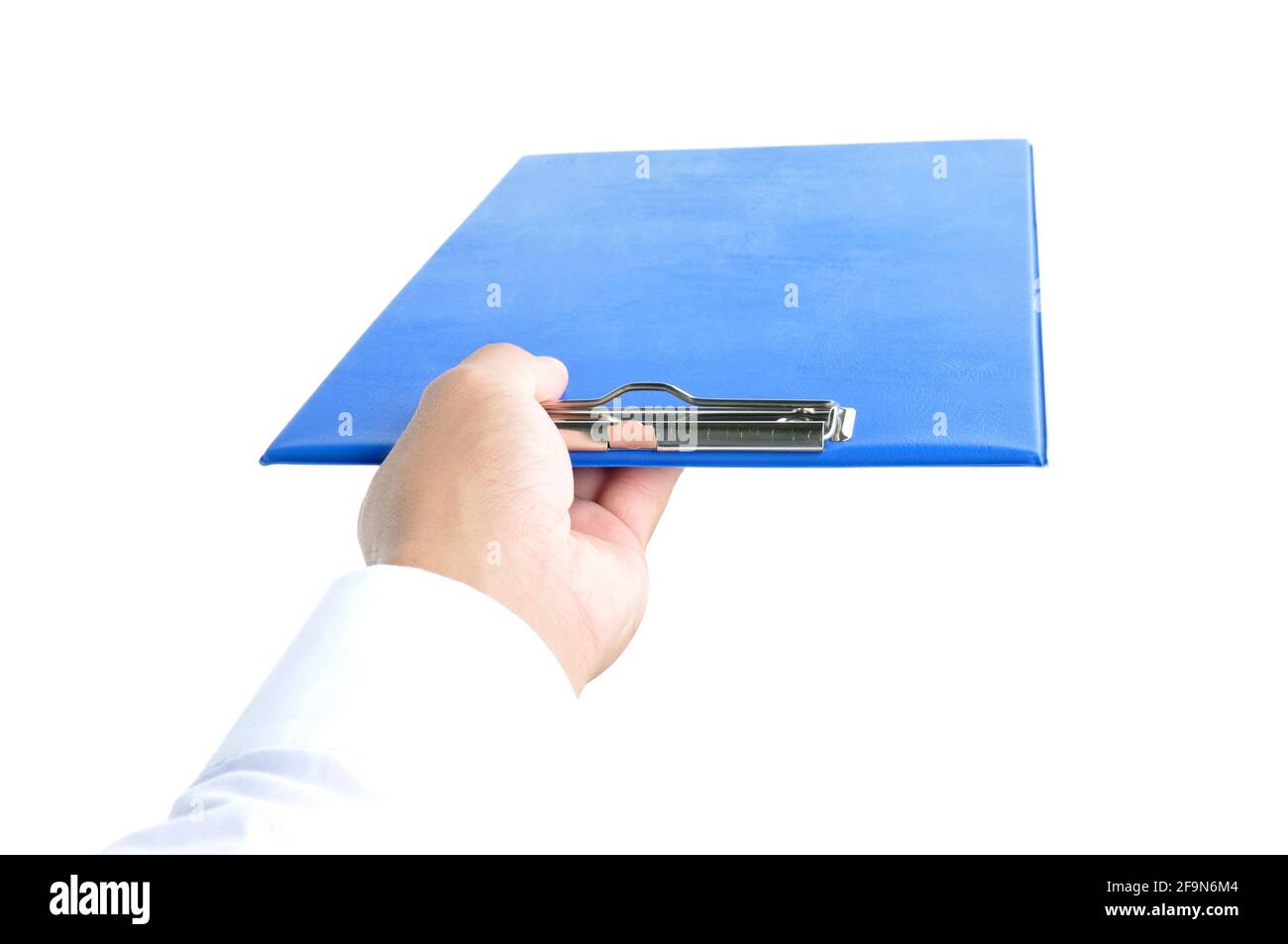 Hand giving a clipboard - on white background Stock Photo