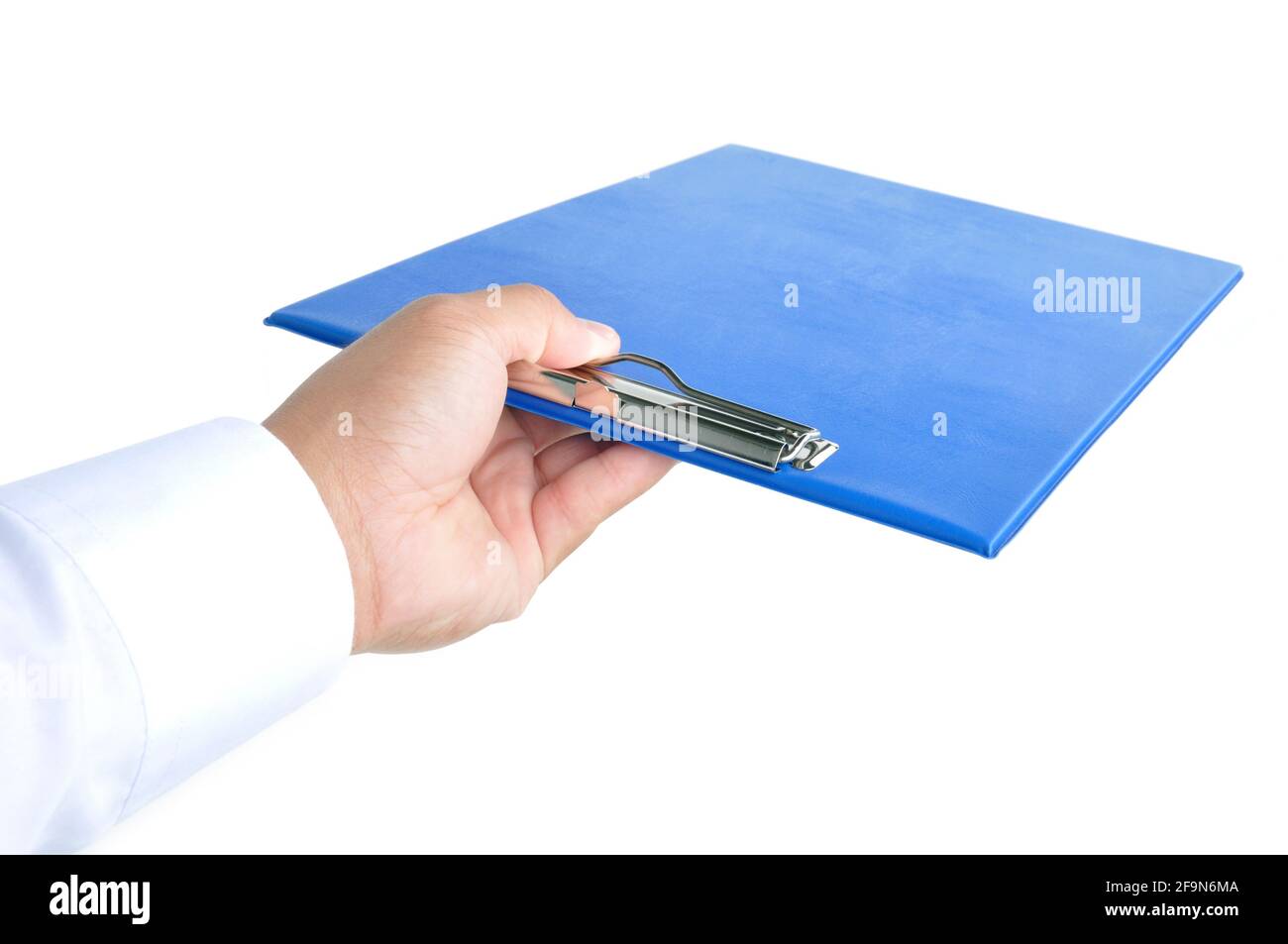 Hand giving a clipboard - on white background Stock Photo