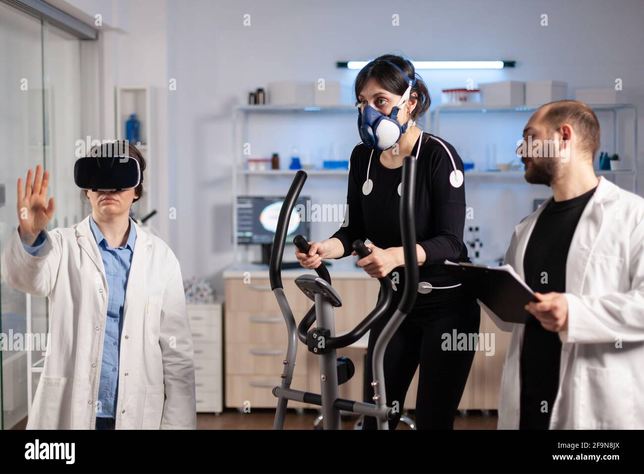Performance woman athlete running on cross training with mask exercise