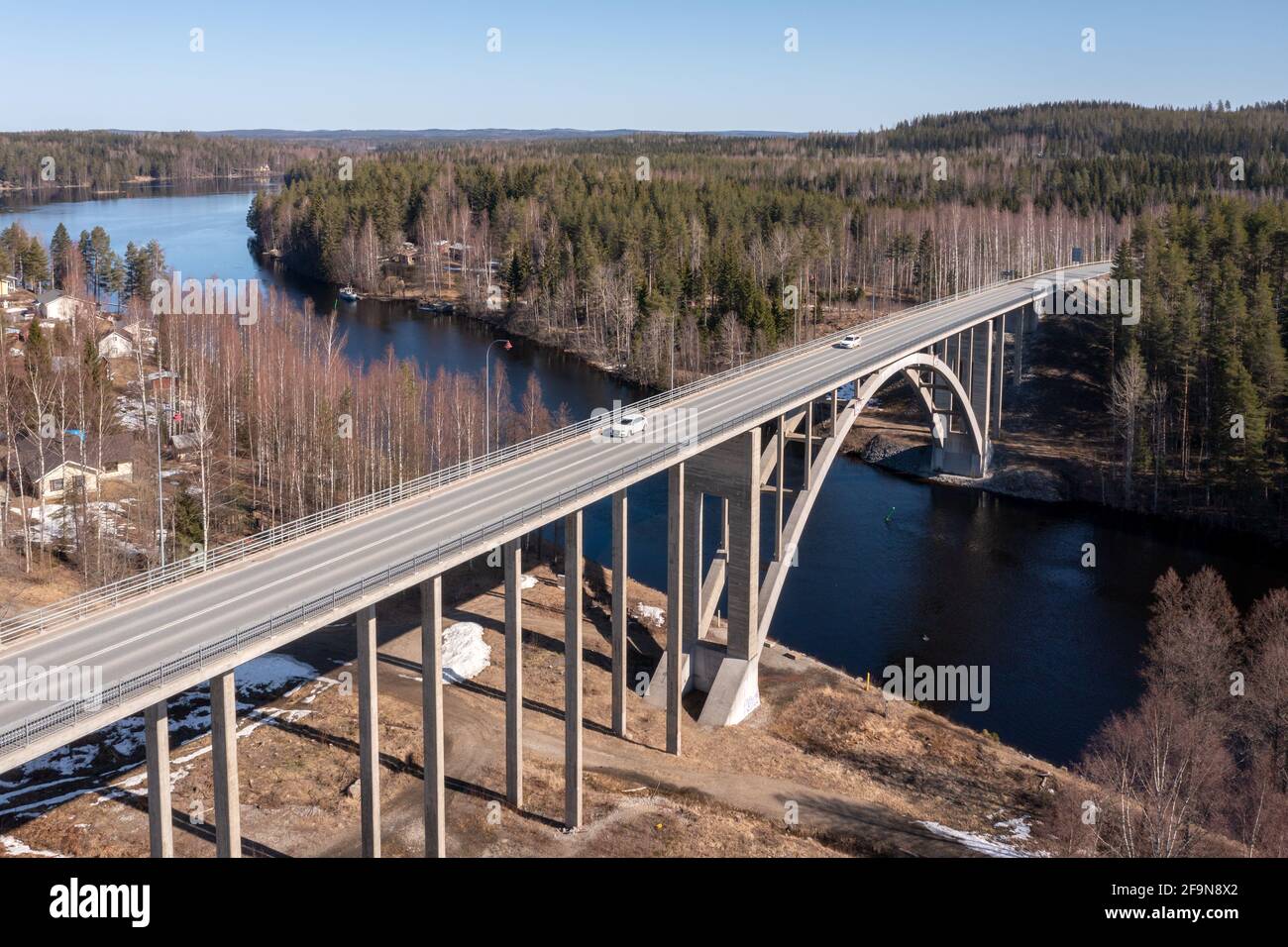 High road bridge, arch bridge in Eastern Finland in spring in the sunshine Stock Photo