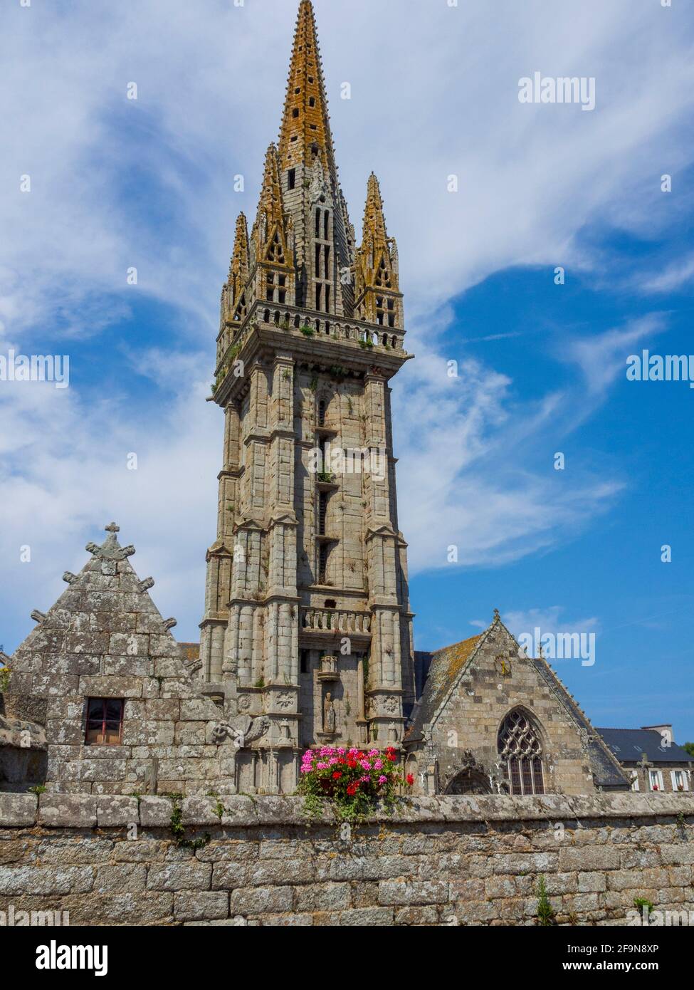 Bell tower of the church of Saint Goulven, Finisttère, Brittany, France. Stock Photo