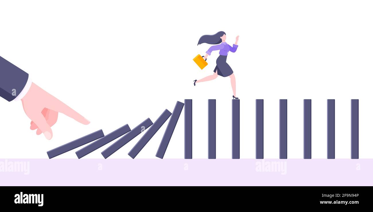 Domino effect or business cowardice metaphor vector illustration concept. Adult young businesswoman run away from hand falling domino line business co Stock Vector