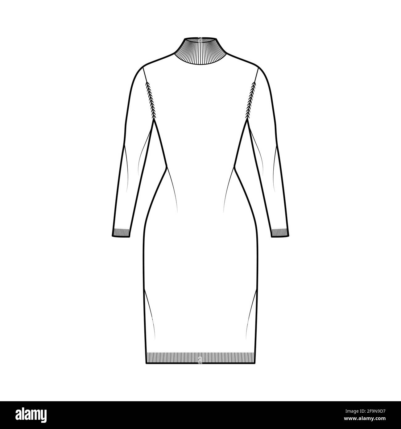 Turtleneck dress Sweater technical fashion illustration with long raglan sleeves, fitted body, knee length, knit trim. Flat jumper apparel front, white color style. Women men unisex CAD mockup Stock Vector