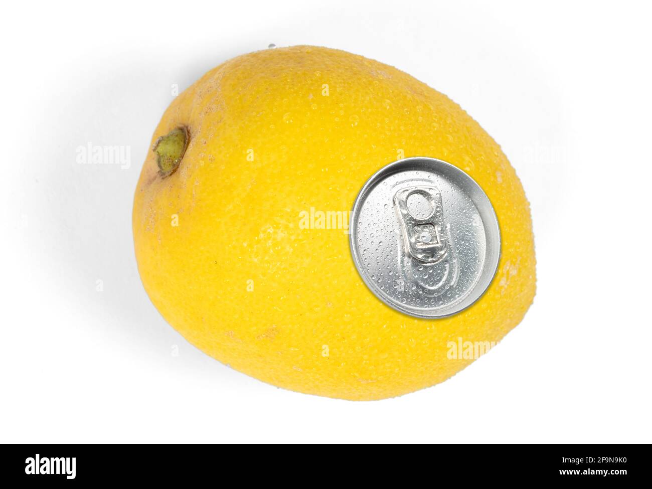 Lemon juice in a special can, isolated on white background Stock Photo