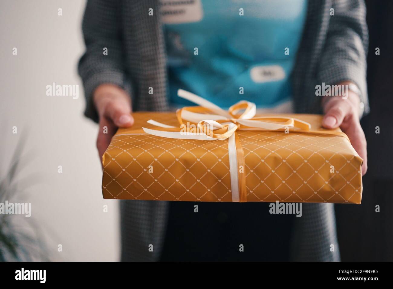 Midsection of woman holding present Stock Photo