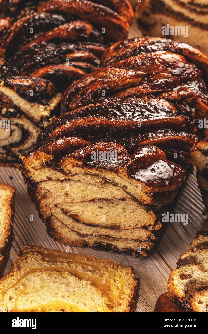 Babka or Brioche Bread. Chocolate swirl bread for holidays Stock Photo