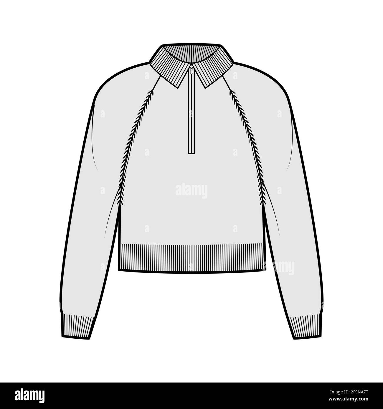 Zipup cropped Sweater technical fashion illustration with rib henley