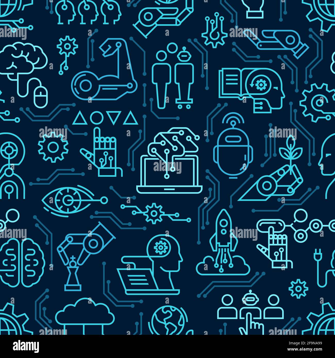 A seamless pattern of robotics icons, computers, androids and ...