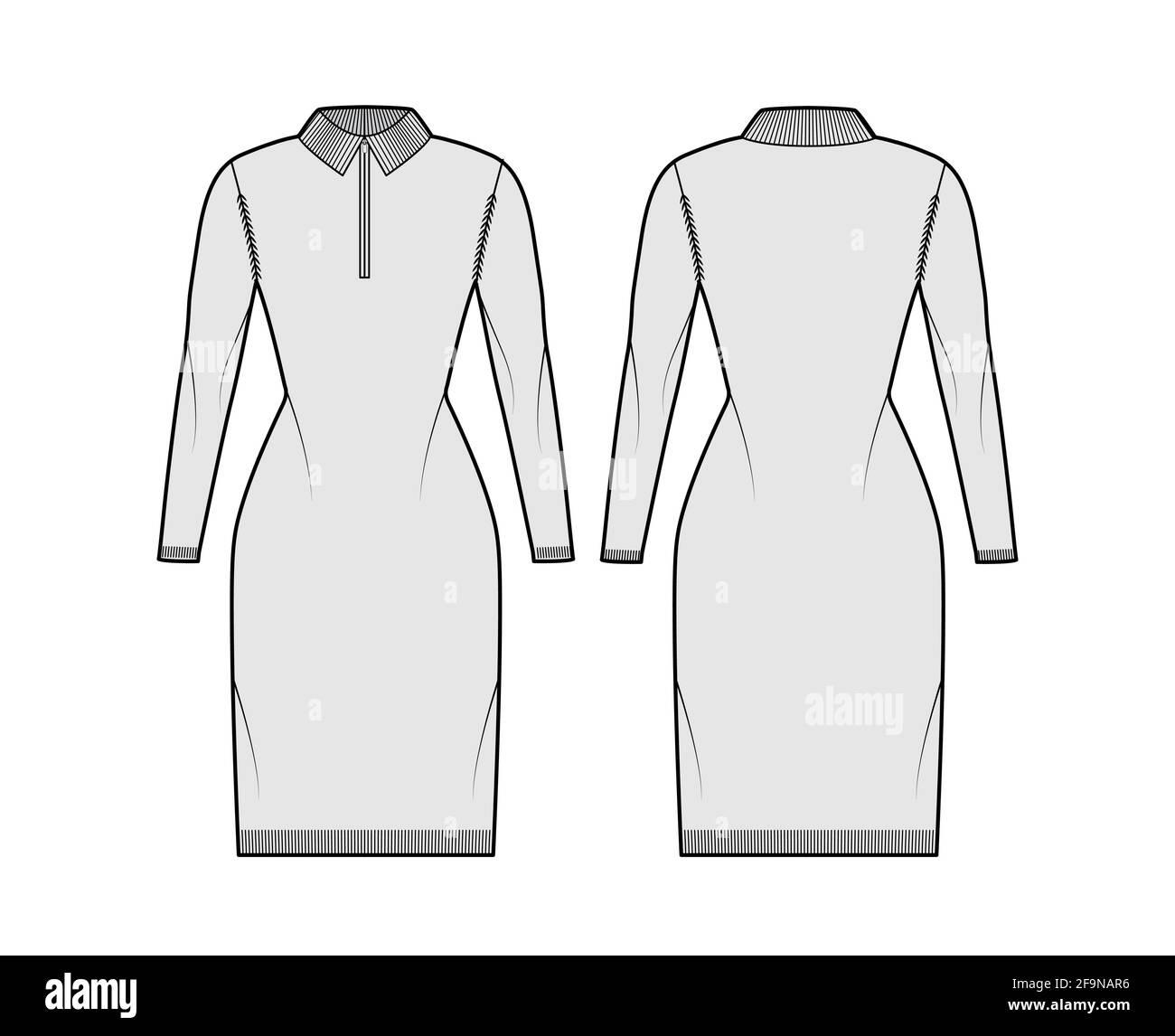 Zipup dress Sweater technical fashion illustration with rib henley