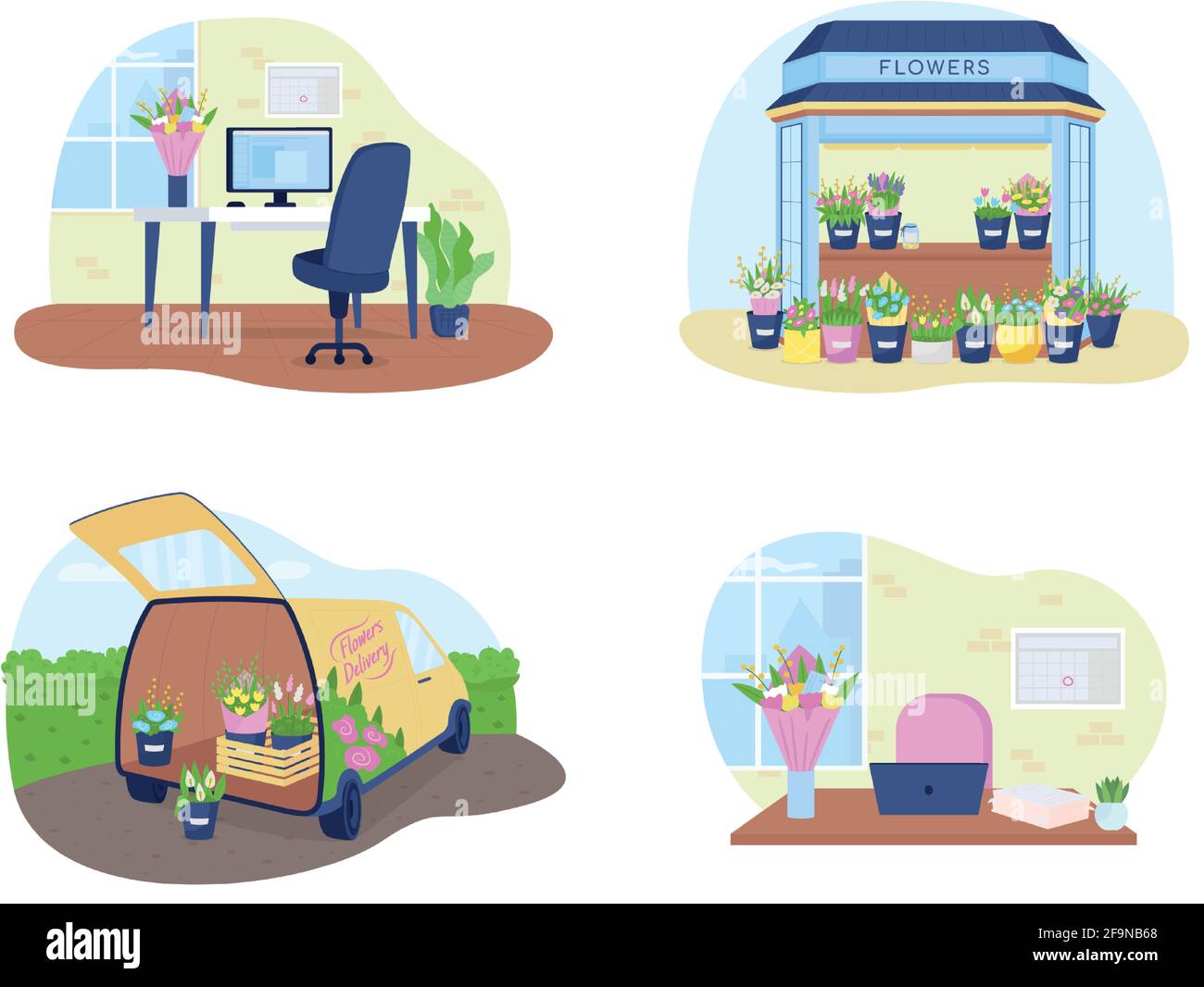 Bouquet delivery 2D vector web banner, poster set Stock Vector