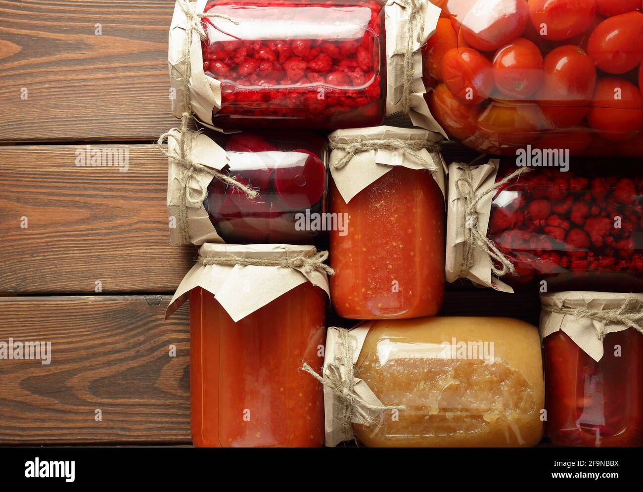 Assortment of canned vegetables and fruits food in plastic free jars