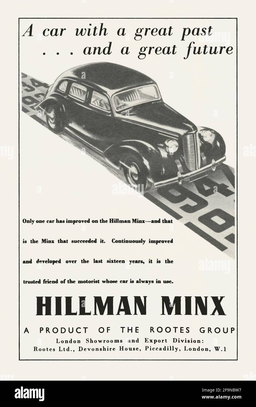 A 1940s advert for a Hillman Minx car – it appeared in British magazine in 1947. The Minx sold between 1945 and 1947 became known as the Minx Mark I (as illustrated here). This was the first Minx with a protruding boot (trunk). The Hillman Minx was a mid-sized British family car produced from 1931 to 1970. There were many versions of the Minx over that period, as well as cars badged as Humber, Singer, and Sunbeam from the Rootes Group, including the Singer Gazelle and Sunbeam Rapier – vintage nineteen-forties graphics. Stock Photo