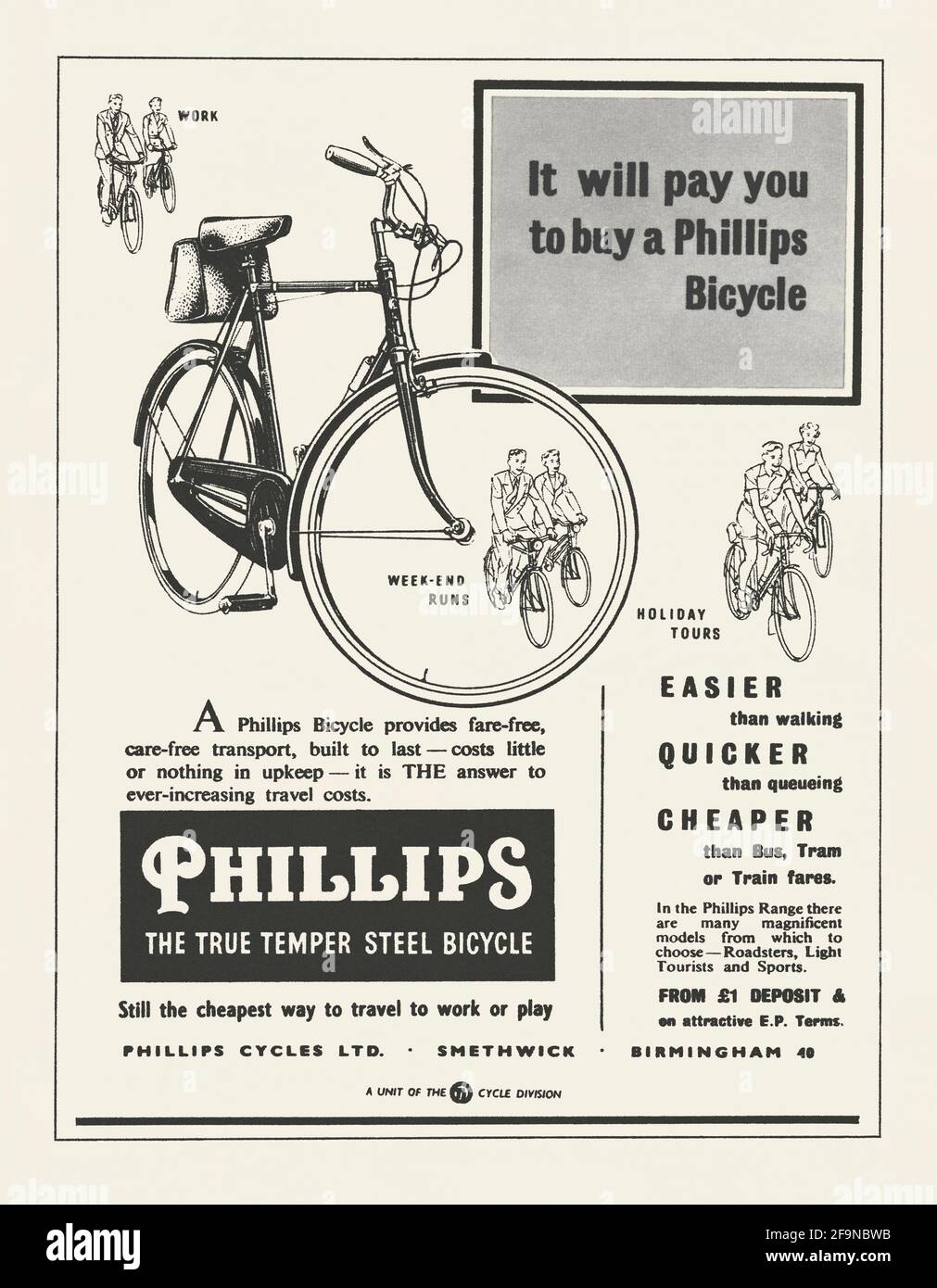 A 1950s advert for Phillips bicycles – it appeared in British magazine in 1956. The illustrations and words emphasise the cost savings that could be made by cycling in post-war Britain. Phillips Cycles Ltd. was a British bicycle manufacturer based in Smethwick near Birmingham, England, UK. The brand is still used around the world, licensed by Raleigh, especially in China and the Far East – vintage 1950s graphics. Stock Photo