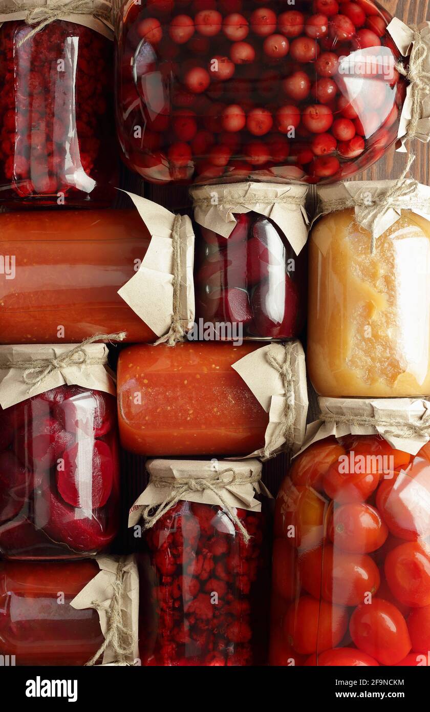 Assortment of canned vegetables and fruits food in plastic free jars