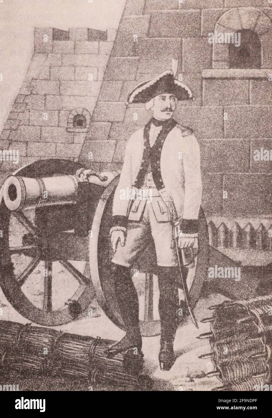 Artilleryman of the Landmilitz Infantry Regiment from 1763 to 1770. The engraving of the 19th century. Stock Photo