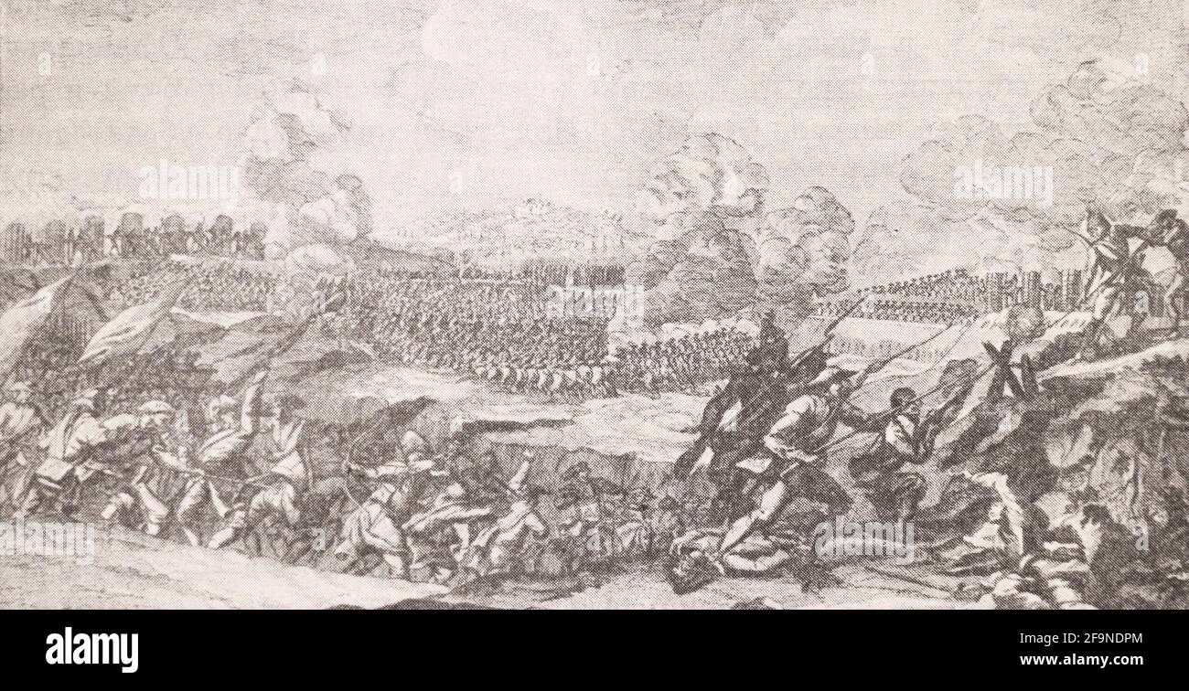 Battle of Gross-Jägersdorf. The engraving of the 18th century. The Battle of Gross-Jägersdorf (30 August 1757) was a victory for the Russian force under Field Marshal Stepan Fyodorovich Apraksin over a smaller Prussian force commanded by Field Marshal Hans von Lehwaldt, during the Seven Years' War. This was the first battle in which Russia engaged during the Seven Years' War. Stock Photo