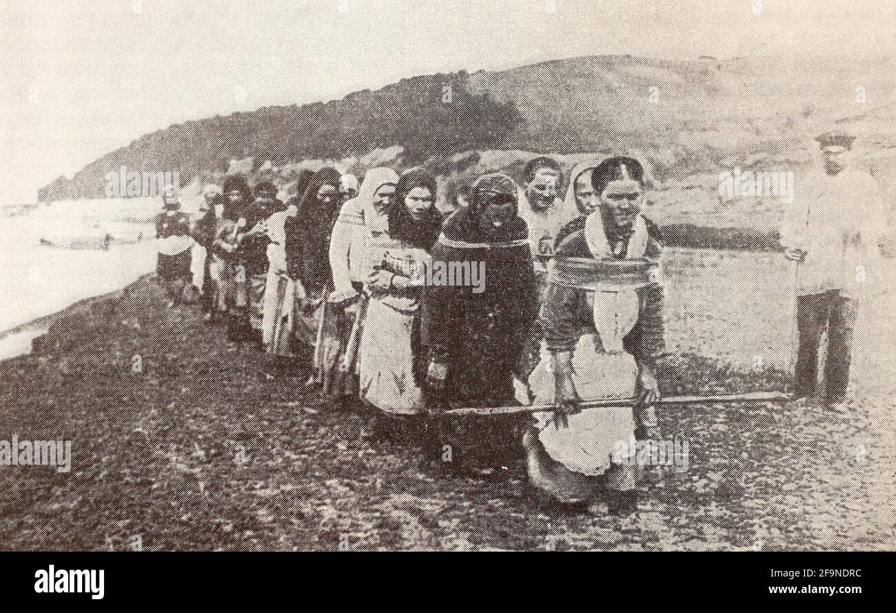 Burlachki on the Sura River in Russia in 1915. Stock Photo