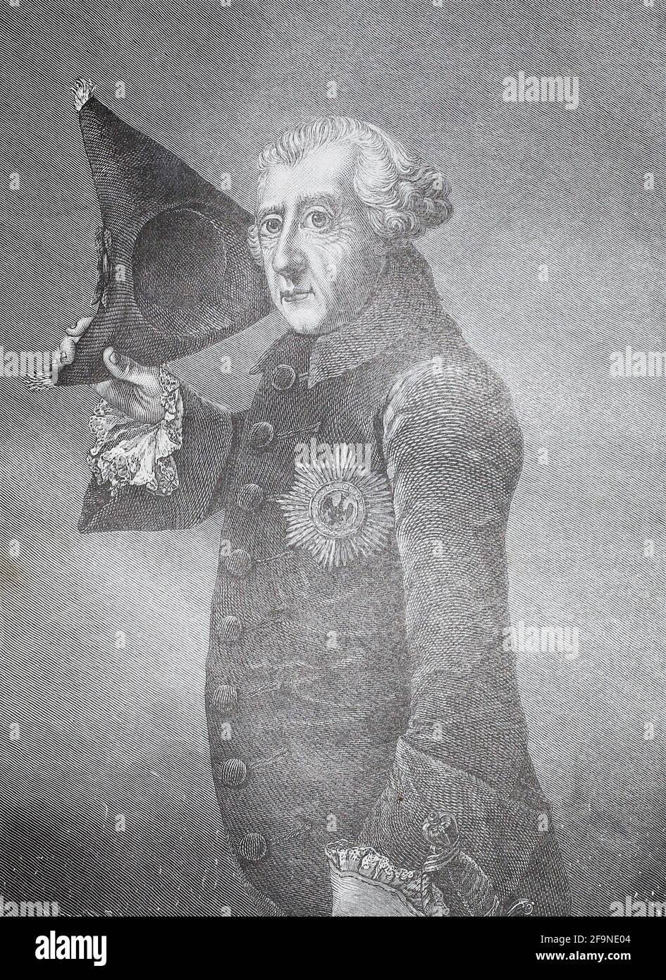 Frederick the Great. Engraving of 1764. Frederick II was a Prussian king and military leader who ruled the Kingdom of Prussia from 1740 until 1786, reigning longer than any other Hohenzollern king. Stock Photo