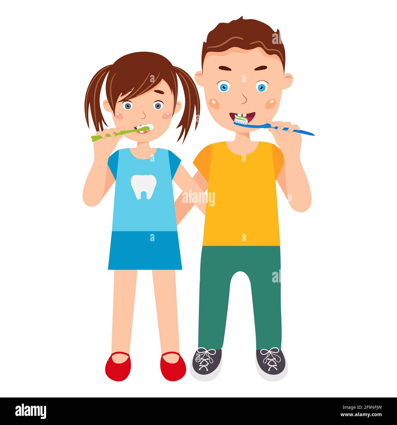 Cute kids brushing teeth, children oral hygiene. Vector illustration