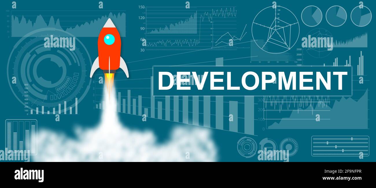 Development concept with a rocket launch on charts background Stock ...