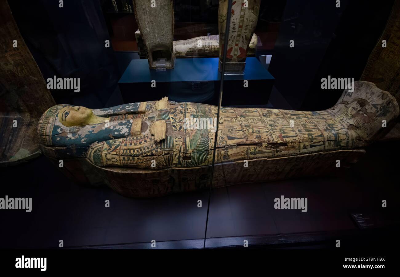 Vatican City, Rome, Italy. Ancient Egyptian statues and mummy on display of the Museums of Vatican Stock Photo
