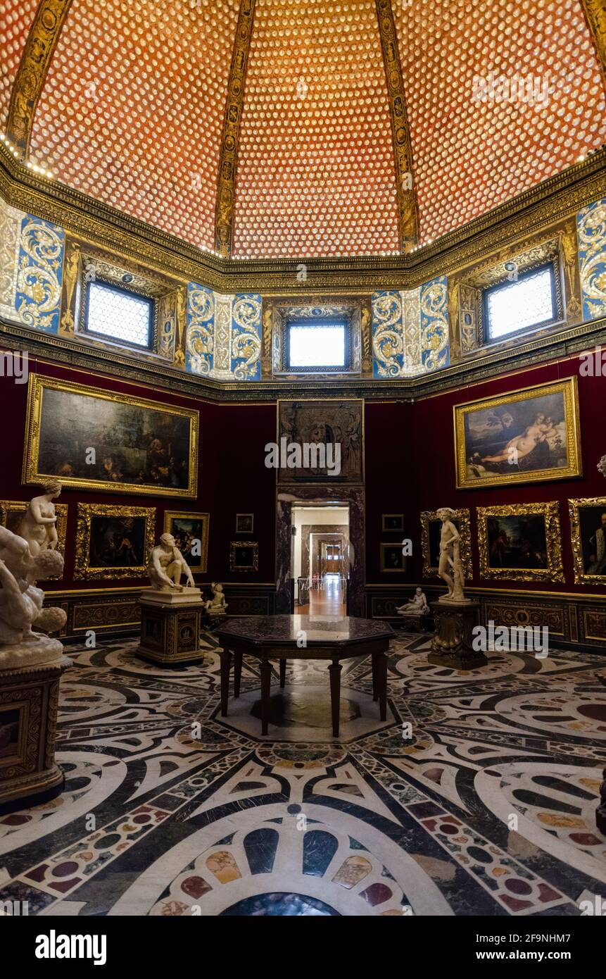 Florence, Italy. Interior of Uffizi museum Gallery, the most famous