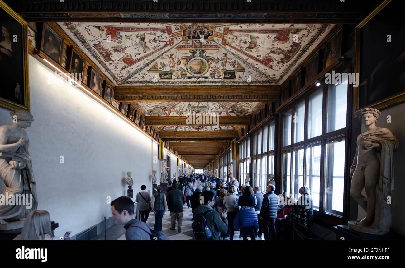 Florence, Italy. Interior of Uffizi museum Gallery, the most famous
