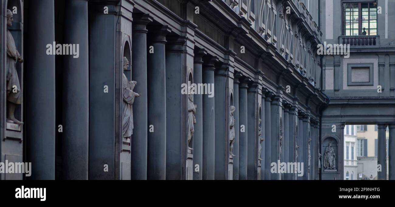 Florence, Italy. Statues outside Uffizi museum building. Uffizi Gallery