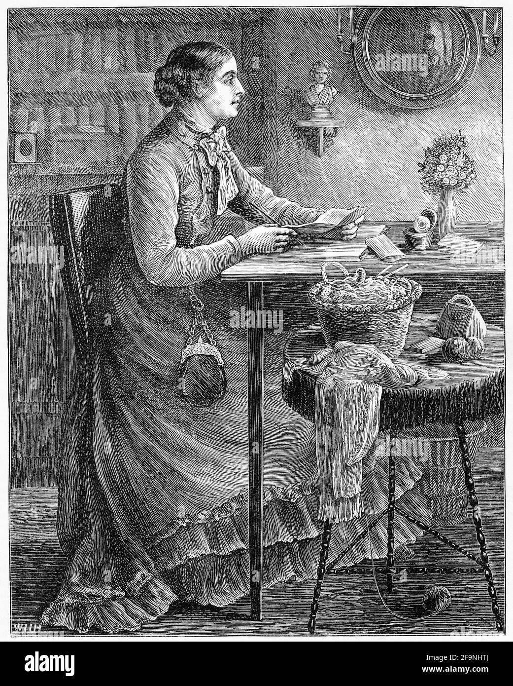 Engraving of a Victorian-ear woman writing a letter while seated at a table  Stock Photo - Alamy