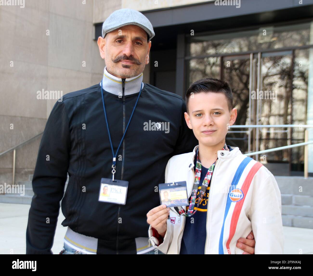 New York, USA. 23rd Mar, 2021. Bardia Gharib (l) and his son Shahab Gharib stand in front of the entrance to Pace University. The 13-year-old, who was born in Bruchsal, Baden-Württemberg, and moved to Florida with his parents as a toddler, has been studying at New York's renowned Pace University since this spring - as one of the youngest students in the history of the educational institution. Credit: Christina Horsten/dpa/Alamy Live News Stock Photo