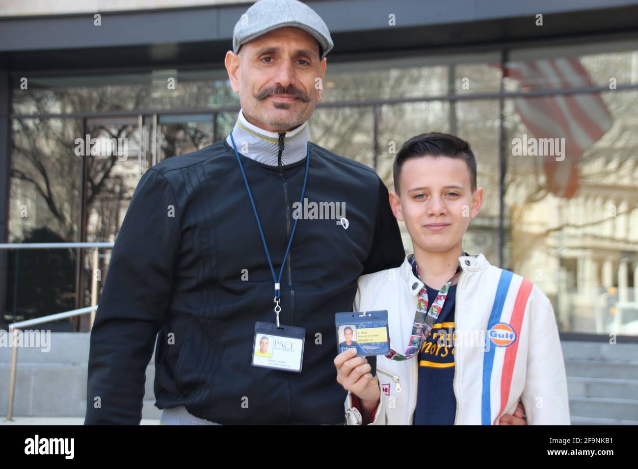 New York, USA. 23rd Mar, 2021. Bardia Gharib (l) and his son Shahab Gharib stand in front of the entrance to Pace University. The 13-year-old, who was born in Bruchsal, Baden-Württemberg, and moved to Florida with his parents as a toddler, has been studying at New York's renowned Pace University since this spring - as one of the youngest students in the history of the educational institution. Credit: Christina Horsten/dpa/Alamy Live News Stock Photo