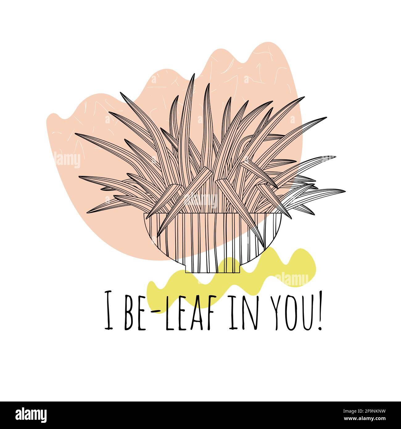 Minimalist boho illustration of funny quote I believe in you with black line art potted spider plant and abstract shapes Stock Vector