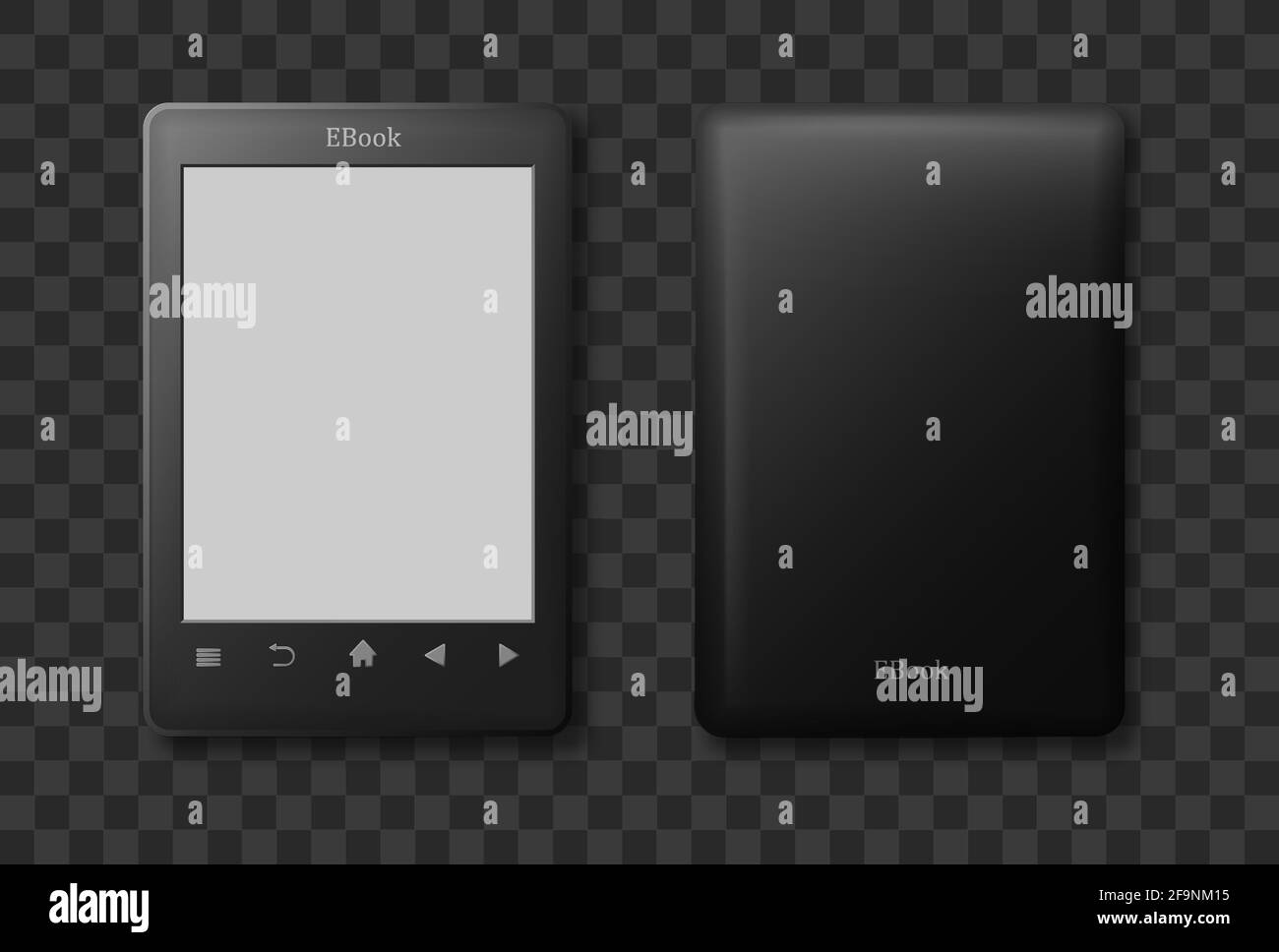 Black ebook front and back view template isolated. Tablet reader with
