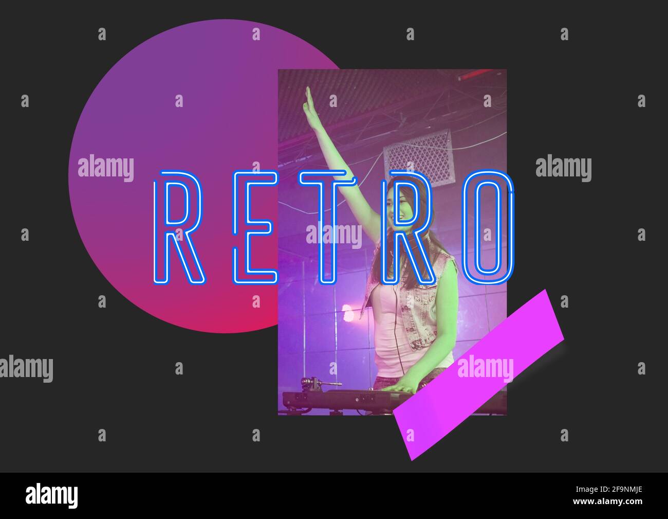 Retro text in blue neon type with female dj and purple spot on black background Stock Photo