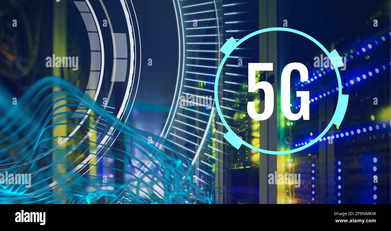 Composition of 5g text over scopes scanning and multiple blue electric light trails Stock Photo