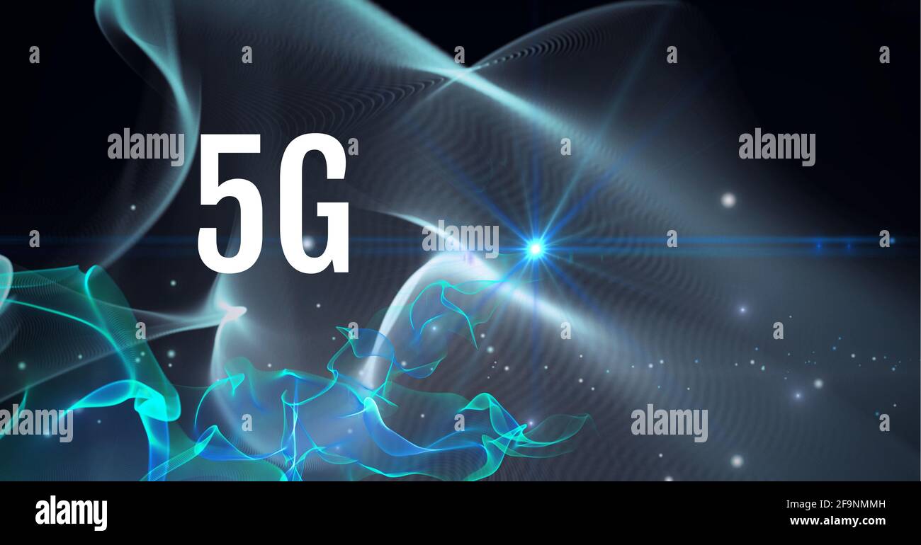 Composition of 5g text over multiple blue electric light trails Stock Photo